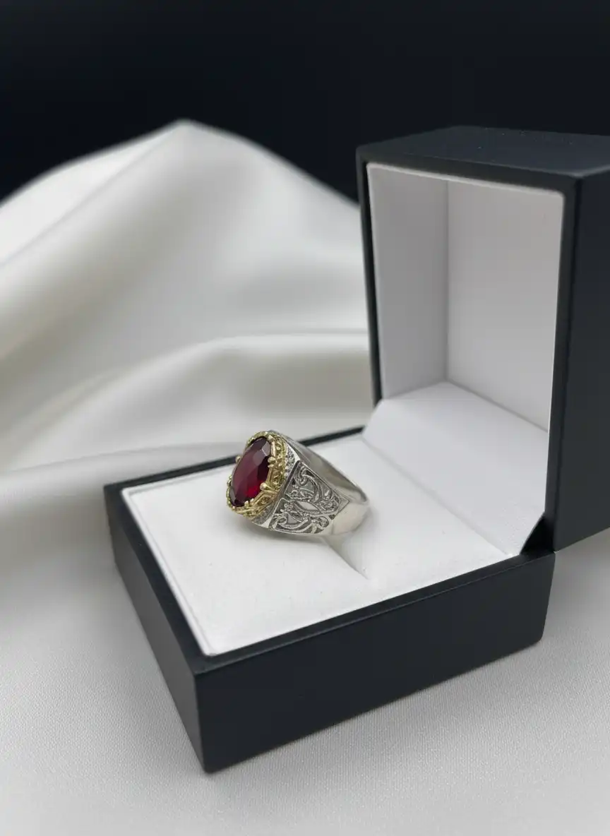 Garnet Men’s Ring | Natural Red Garnet Silver Ring
