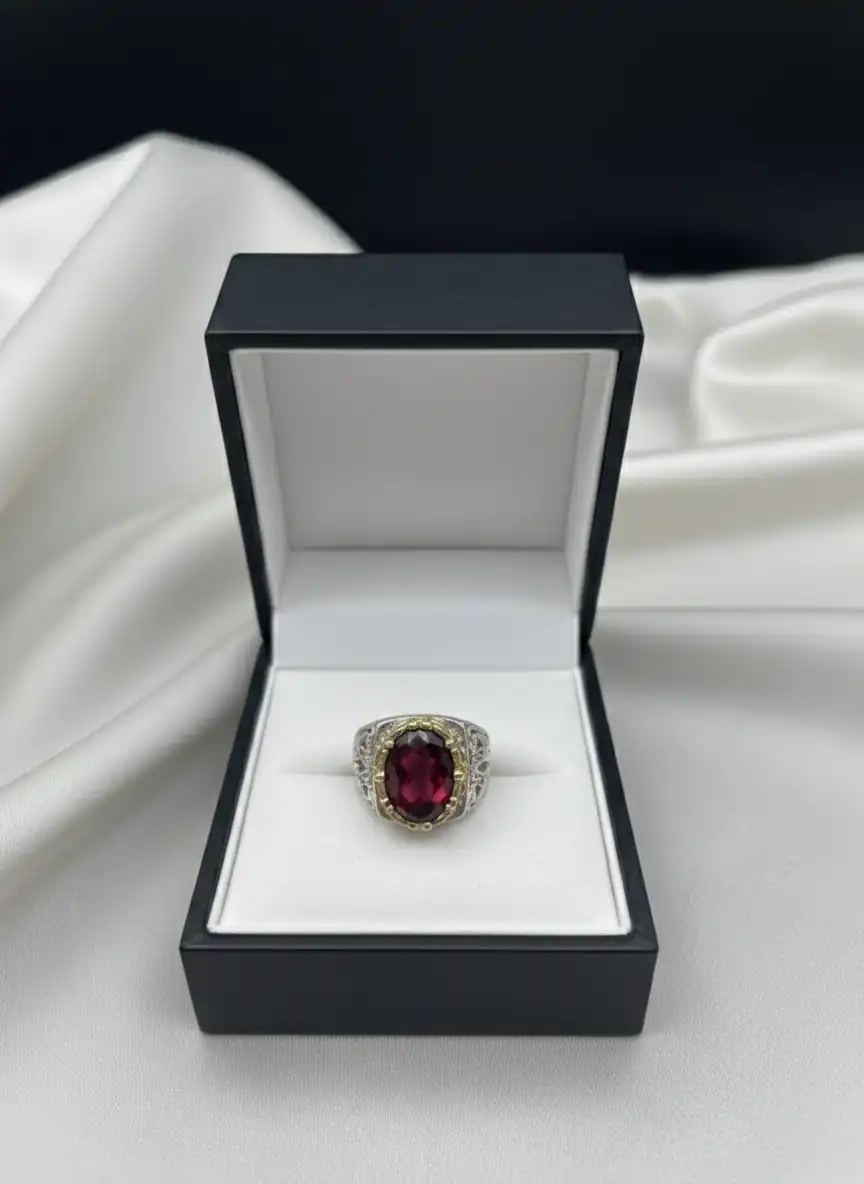 Garnet Men’s Ring | Natural Red Garnet Silver Ring