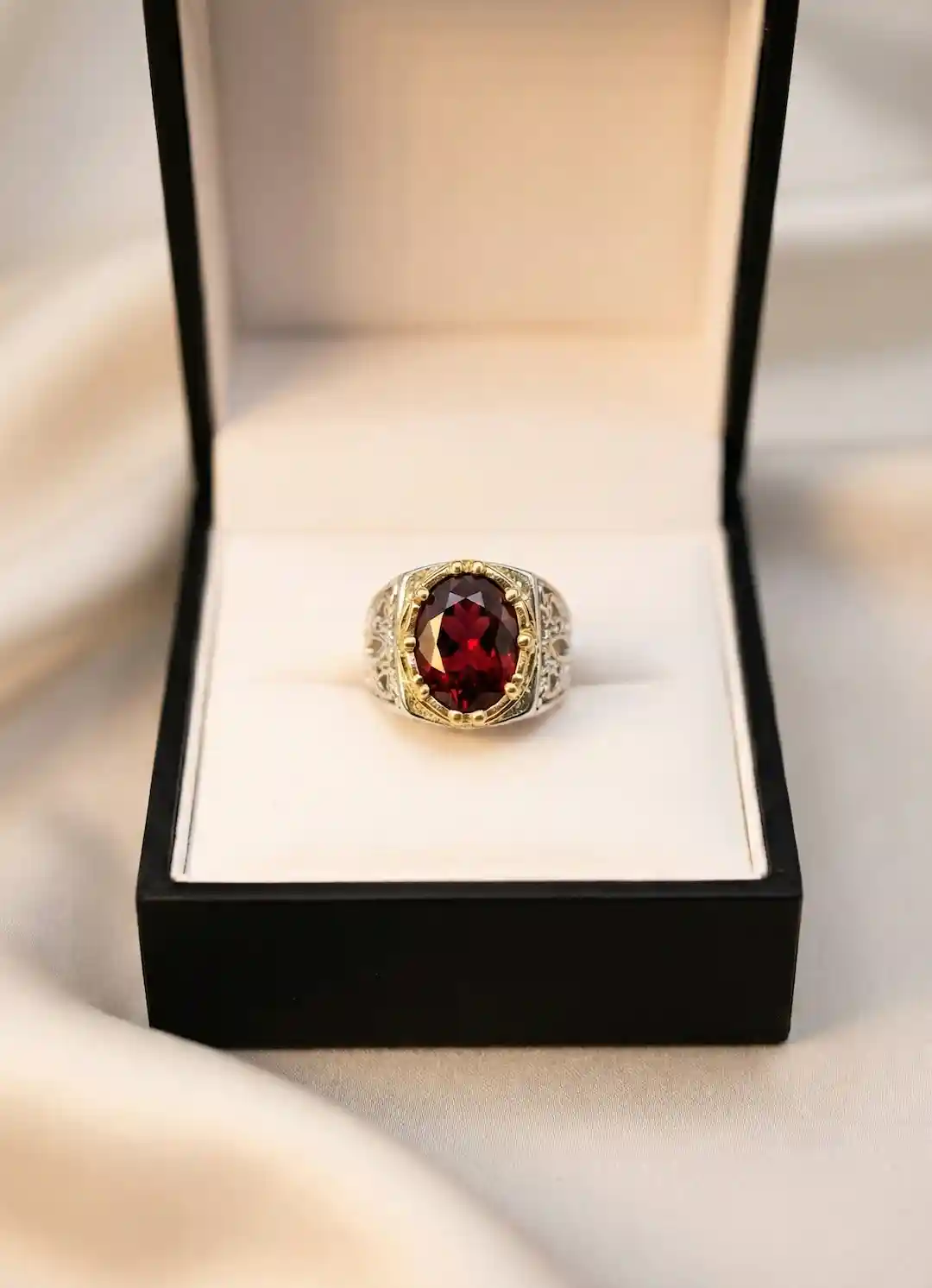 Garnet Men’s Ring | Natural Red Garnet Silver Ring