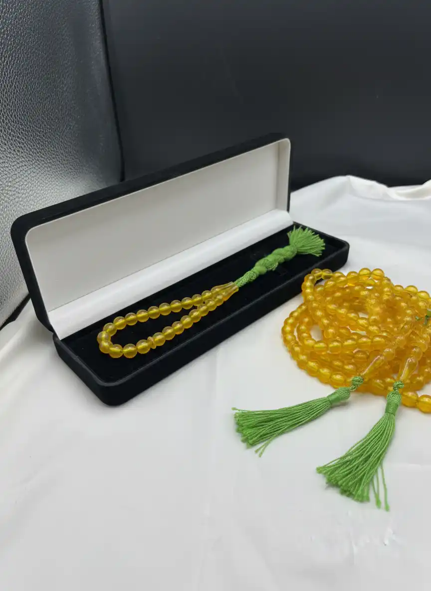 Natural Yellow Aqeeq Tasbeeh 33 Beads in Luxury Box Pakistan