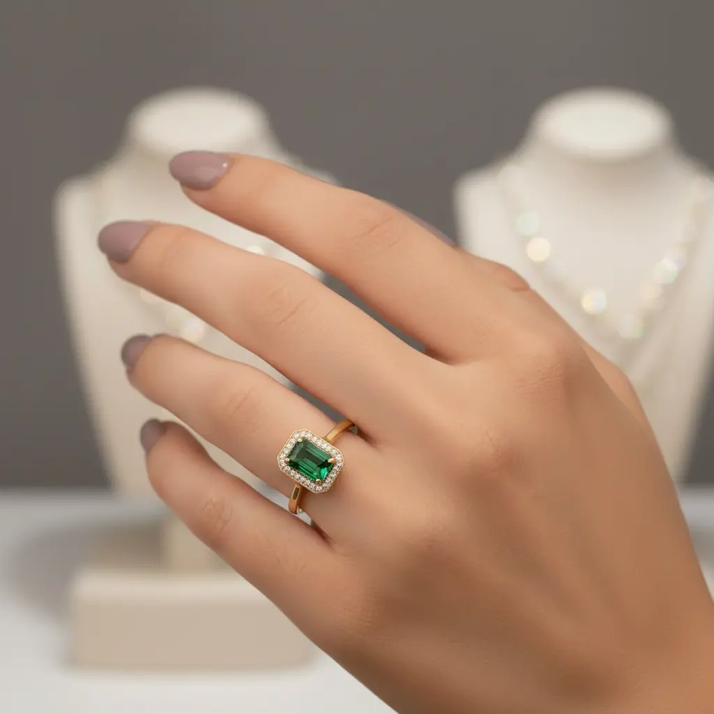 Emerald Halo Engagement Ring Yellow Gold Pakistan Gemstones