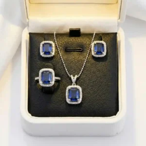 Natural Blue Sapphire Jewelry Set Pakistan Silver Ring Necklace Earrings Neelam