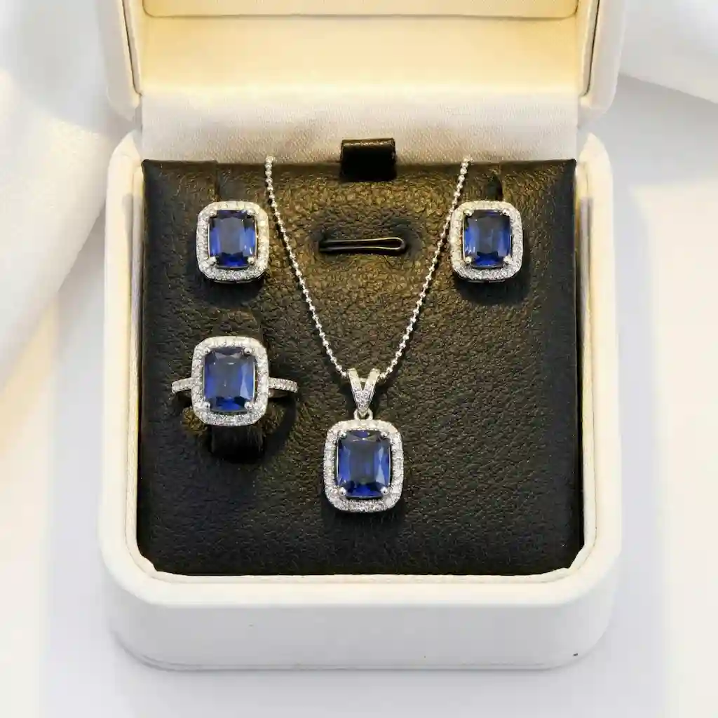 Natural Blue Sapphire Jewelry Set Pakistan Silver Ring Necklace Earrings Neelam