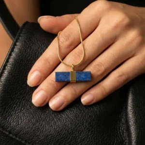 Natural Lapis Lazuli Bar Pendant Necklace Gold Pakistan Gemstones