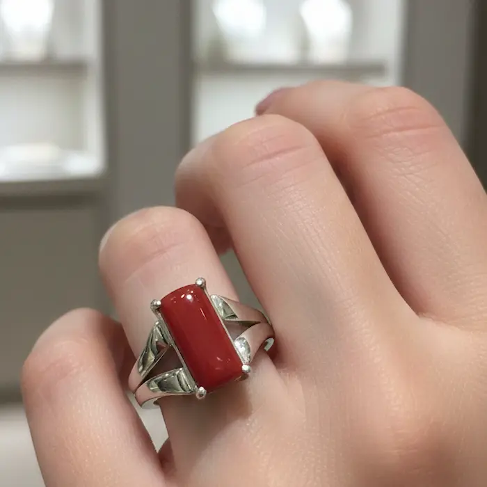 Natural Red Coral Ring Silver Band Pakistan Gemstones