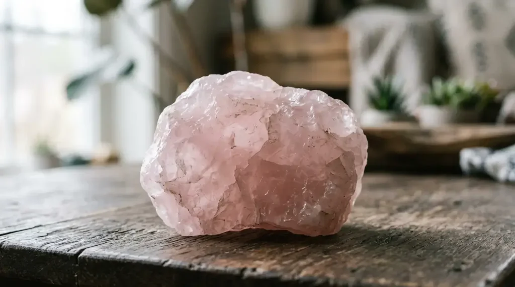 Raw rose quartz crystal resting on a wooden surface with blurred background