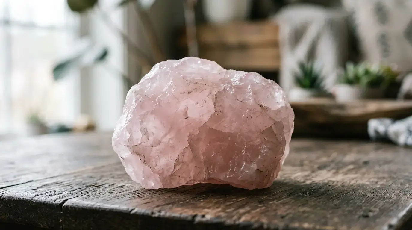 Raw rose quartz crystal resting on a wooden surface with blurred background
