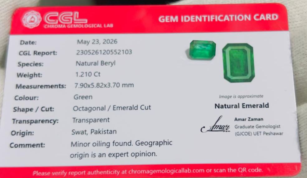 1.21 Carat Swat Emerald (Eye Clean) – CGL Certified Natural Pakistani Emerald - Image 3
